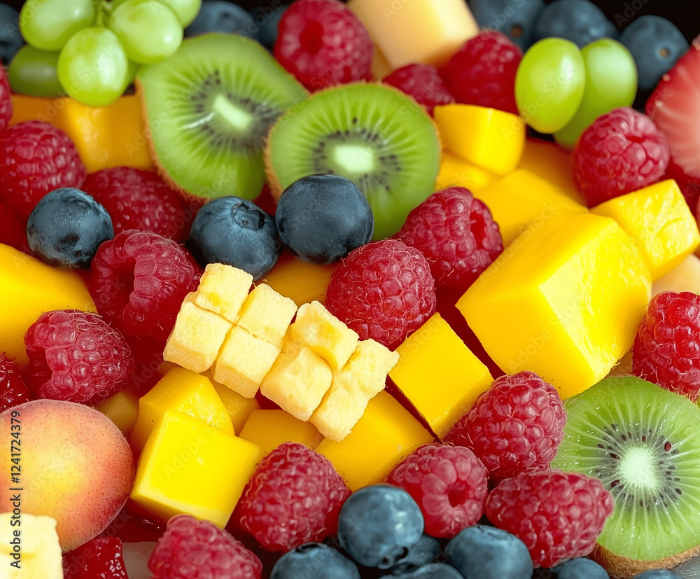 Canvas Prints A vibrant and colorful fruit platter overflowing with fresh, cut fruits like mango, papaya, strawberries, raspberries, blueberries, kiwi, and grapes