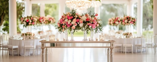 Elegant wedding setup with mirrored tables and floral chandeliers