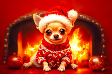 Merry Christmas concept holiday card - Tiny chihuahua in a Santa hat and sweater, seated by a cozy fireplace on a warm red background – adorable, 3D holiday illustration. 