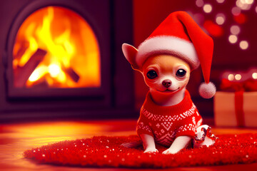 Merry Christmas concept holiday card - Tiny chihuahua in a Santa hat and sweater, seated by a cozy fireplace on a warm red background – adorable, 3D holiday illustration. 