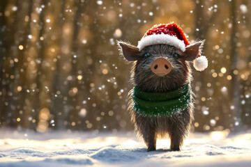 Merry Christmas concept holiday card - Tough boar in a Santa hat and green scarf, standing in a snowy forest clearing with a warm brown background – rugged, 3D holiday illustration