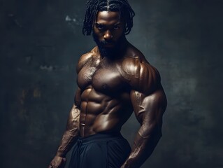 Shredded Fitness Model Showcasing Muscular Physique Under Moody Lighting