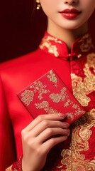 Fototapeta premium Traditional elegance close up with red and gold embroidered attire