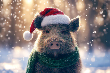 Merry Christmas concept holiday card - Tough boar in a Santa hat and green scarf, standing in a snowy forest clearing with a warm brown background – rugged, 3D holiday illustration
