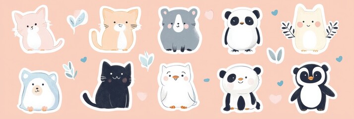 Cute animal stickers featuring various adorable critters on a pastel background for creative projects. Generative AI