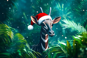 Merry Christmas concept holiday card - Unique okapi in a Santa hat, standing in a snowy jungle with a lush green background – mysterious, 3D holiday illustration.