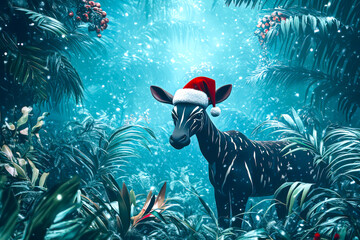 Merry Christmas concept holiday card - Unique okapi in a Santa hat, standing in a snowy jungle with a lush green background – mysterious, 3D holiday illustration.