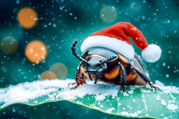 Merry Christmas concept holiday card - Unique rhinoceros beetle in a Santa hat, sitting on a snow-covered leaf with a forest green background – intriguing, 3D holiday illustration.