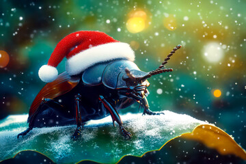 Merry Christmas concept holiday card - Unique rhinoceros beetle in a Santa hat, sitting on a snow-covered leaf with a forest green background – intriguing, 3D holiday illustration.