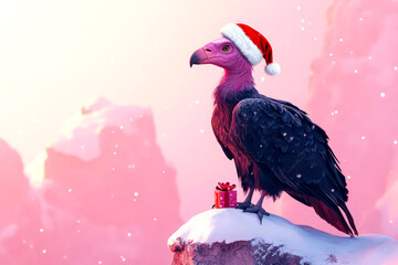 Merry Christmas concept holiday card - Unique vulture with a Santa hat, holding a small gift, perched on a snowy cliff with a soft pink background – quirky, 3D holiday illustration. 