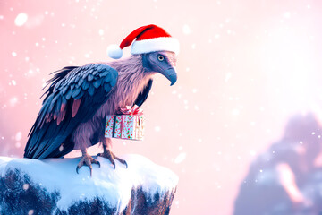 Merry Christmas concept holiday card - Unique vulture with a Santa hat, holding a small gift, perched on a snowy cliff with a soft pink background – quirky, 3D holiday illustration. 