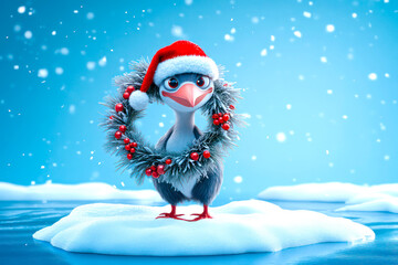 Merry Christmas concept holiday card - Whimsical dodo with a Santa hat and a holiday wreath, standing on a snowy island with a light blue background – nostalgic, 3D holiday illustration.