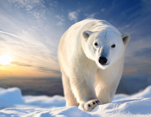 Fototapeta na wymiar Un oso polar adulto caminando sobre la nieve en un paisaje polar