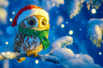 Merry Christmas concept holiday card - Wise owl with a Santa hat and green scarf, perched on a snowy tree branch against a deep blue background – enchanting, 3D holiday illustration