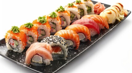 Detailed close-up of sushi varieties like dragon rolls, spicy tuna, and cucumber maki on a glossy black plate, set against a bright white background