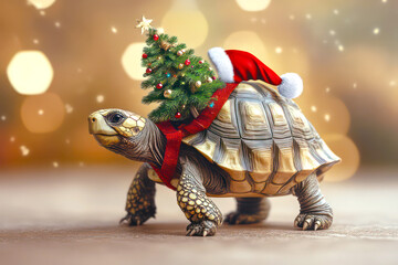 Merry Christmas concept holiday card - Wise tortoise in a Santa hat and a red scarf, carrying a tiny decorated Christmas tree on its back, on a light brown background