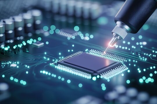 close-up of multimeter testing circuit on motherboard with vibrant details in focus