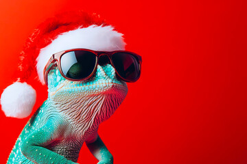 Merry Christmas concept holiday vacation winter animal pet greeting card - Cool chameleon with sunglasses and santa claus hat, isolated on red background 