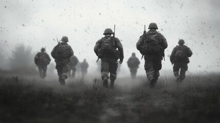 Fototapeta premium Soldiers marching through field, war, bleak landscape, historical conflict, stock photo