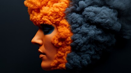 Abstract Portrait: A  surreal and captivating portrait of a woman's profile engulfed in swirls of orange and blue smoke, symbolizing a dichotomy of emotions or contrasting ideas.