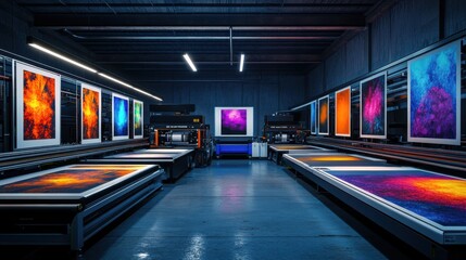 Modern Art Studio with Vibrant Prints and High-Tech Equipment