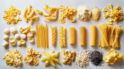 Detailed close-up of various pasta shapes including macaroni, spaghetti, and penne on a white background