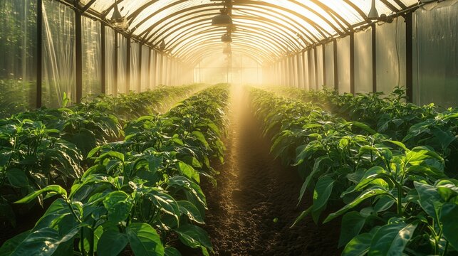 Automated irrigation system watering rows of small green plants growing inside a greenhouse illuminated by golden sunlight creating a magical atmosphere - Powered by Adobe