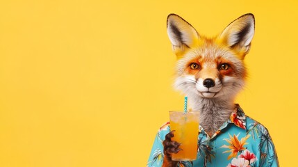 Fox in Hawaiian Shirt Enjoying a Cocktail - A playful fox in a vibrant Hawaiian shirt enjoys a refreshing summer cocktail. Symbolizing summer fun, tropical vibes, unique style