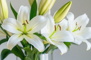 A vase filled with white flowers sits on a table, perfect for decoration or inspiration