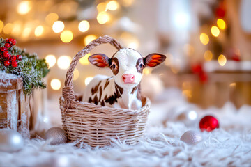romantic Christmas with basket and cute calf into it in Xmas home, concept of Christmas happiness for farm animals