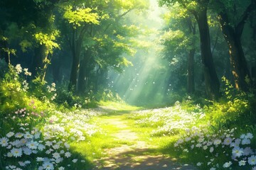 Obraz premium Sunbeams are illuminating blooming flowers and lush green grass growing along a tranquil forest path, creating a serene and magical atmosphere