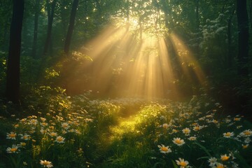 Obraz premium Golden sunbeams are filtering through the trees in a misty forest, illuminating a clearing filled with wildflowers, creating a magical and serene atmosphere