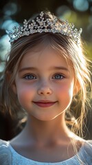 Fototapeta premium Little girl wearing a tiara smiles gently against a dark background during a portrait session