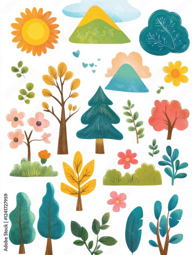 Poster Colorful nature themed stickers featuring flowers trees and mountains in a cheerful design suitable for decorating various items. Generative AI