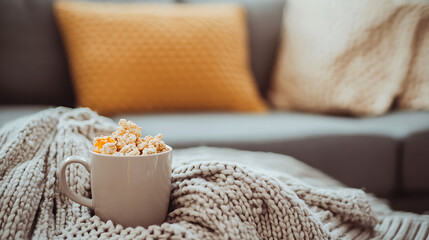 A white mug with popcorn in it sits on a blanket on a couch