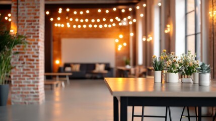 Industrial wedding setup in a loft with exposed brick, string lights, and modern decor