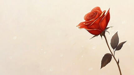   A solitary crimson blossom rests atop a table alongside a vase containing a water droplet