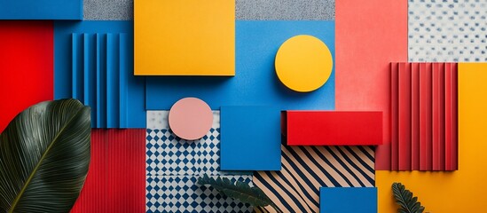 Vibrant geometric shapes and patterns in a colorful arrangement, showcasing design elements and textures