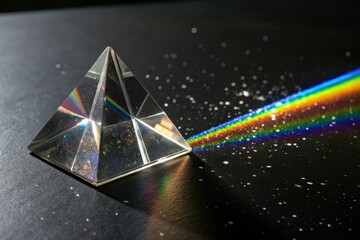 Fractured prism of glittering shards refracting light across a black surface, shimmering fragments, angular movements