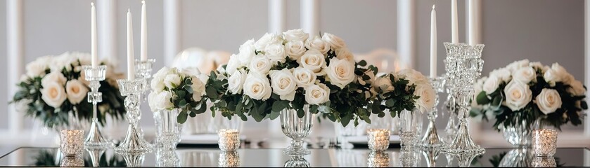 Luxury wedding setup with mirrored tables, crystal candelabras, and white roses
