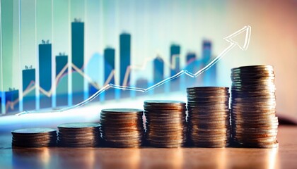 Stacks of money with a growing financial graph in the background, investment success