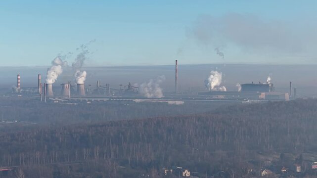 Poland - Aerial View of ArcelorMittal Steel Plant in Dąbrowa G&oacute;rnicza. Industrial Landscape With Smokestacks and Emissions.