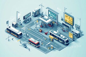 Modern Public Transport Hub - Isometric Illustration of a Smart City Transportation System