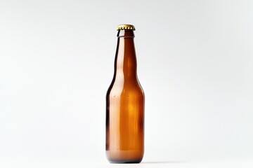 A single brown beer bottle sits on a clean white surface, ready to be used or enjoyed