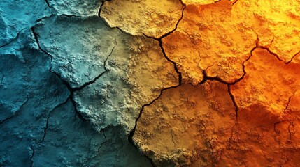 Fototapeta premium A cracked rock with a blue and orange background