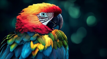 Fototapeta premium A colorful parrot with a blue and green body and yellow and red feathers