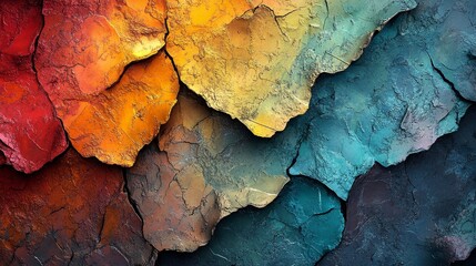 Fototapeta premium A colorful painting of rocks with a blue and yellow rock in the middle