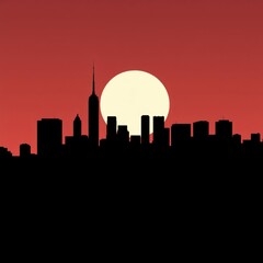 Fototapeta premium A silhouette of a cityscape at sunset with a plane flying overhead silhouetted skyline cityscape architecture illustration building city vector