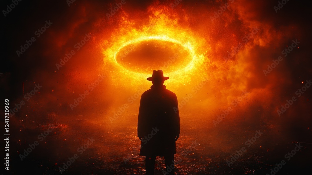 Poster A man stands in front of a glowing circle