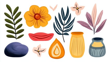Colorful Botanical Illustrations with Abstract Elements and Shapes